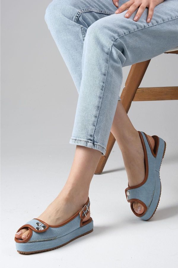 Mio Gusto Mio Gusto Arwen Blue Color Denim Fabric Wedge Sole Women's Jeans Sandals