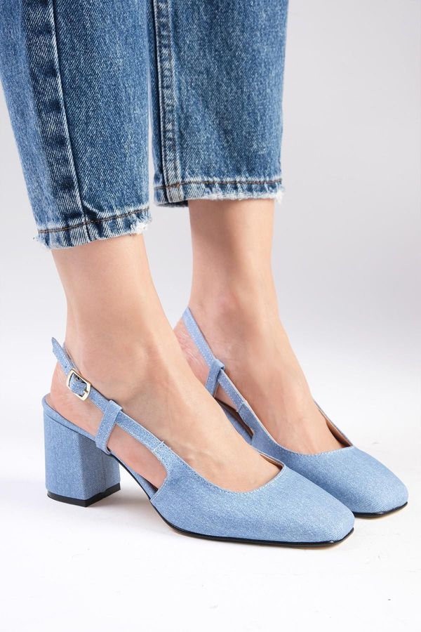 Mio Gusto Mio Gusto Belinda Blue Color Open Back Denim Fabric Blunt Toe Women's Heeled Jeans Shoes