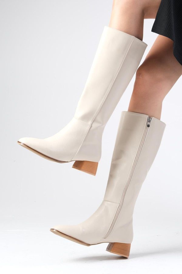 Mio Gusto Mio Gusto Briony Beige Color Side Zipper, Thin Faux Für Lined Blunt Toe Women's High Heel Boots