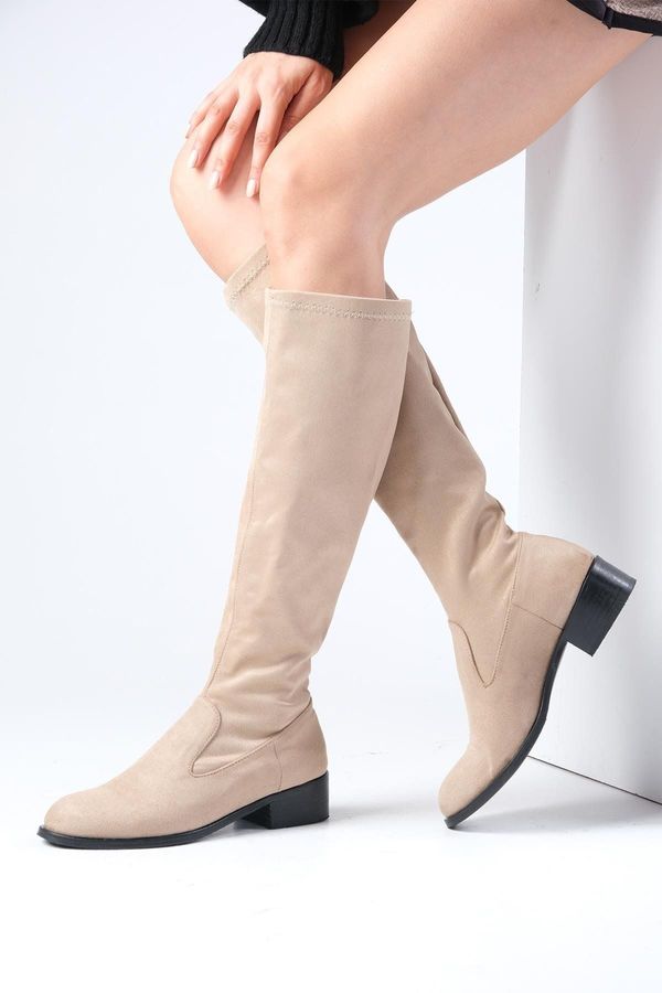 Mio Gusto Mio Gusto Brooklyn Beige Color Suede Women's Below Knee Stretch Boots