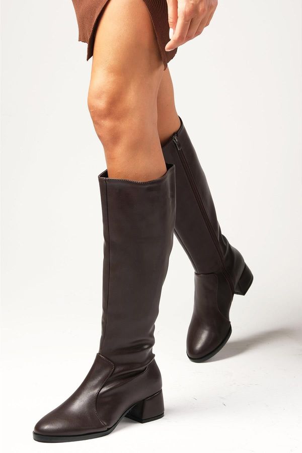 Mio Gusto Mio Gusto Brown Women's Oval Toe Heeled Boots with Zipper in the Side and Thin Faux Für Lined.