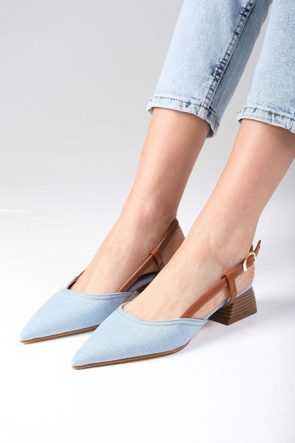 Mio Gusto Mio Gusto Carly Blue Color Denim Fabric Open Back Women's Short Heeled Jeans Shoes.