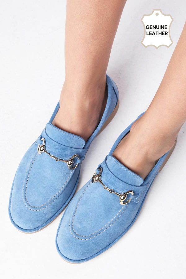 Mio Gusto Mio Gusto Claire Genuine Suede Blue Color Oval Toe Buckle Accessory Women's Loafer Shoes