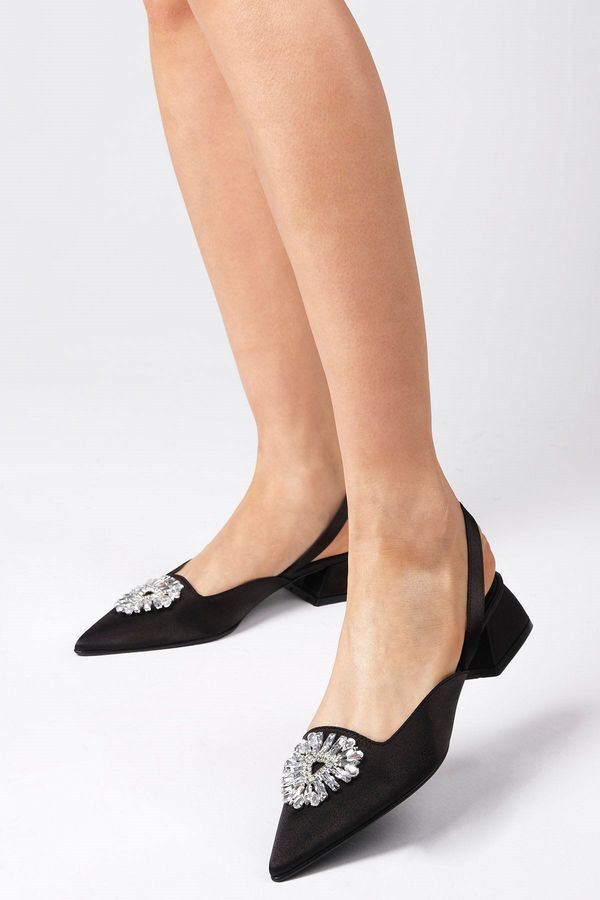 Mio Gusto Mio Gusto Claudia Black Women's Short Heeled Shoes Open Back Satin Fabric With Crystal Stone Buckle.