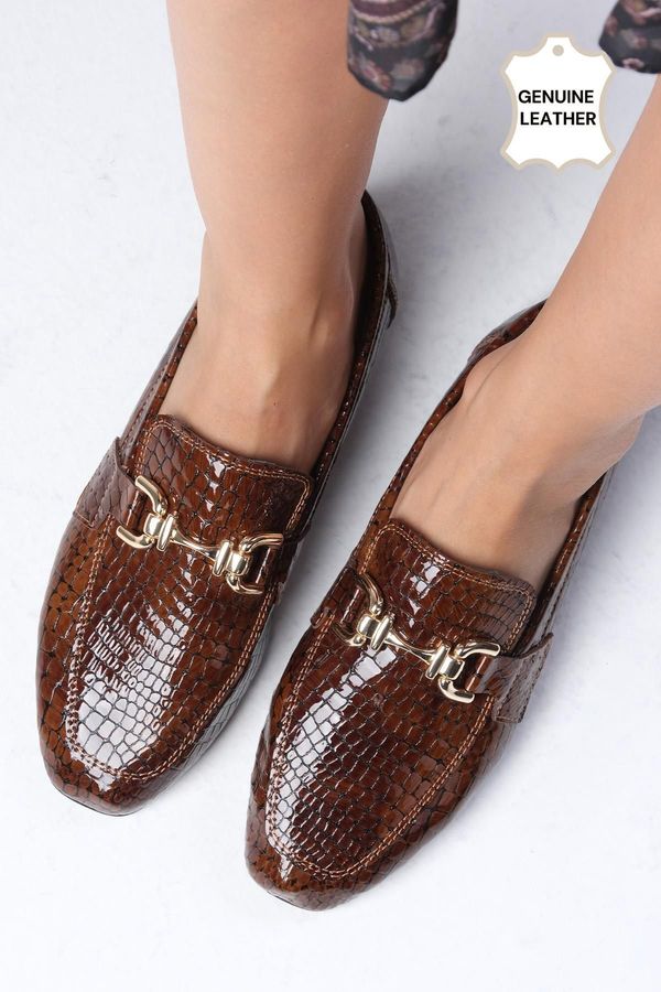 Mio Gusto Mio Gusto Jordane Genuine Leather Brown Animal Patterned Flat Toe Women's Loafer Shoes