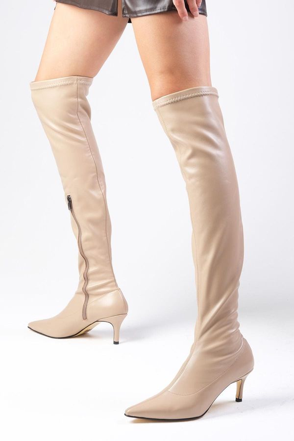 Mio Gusto Mio Gusto Latisha Skin Color Short Heeled Stretch Boots