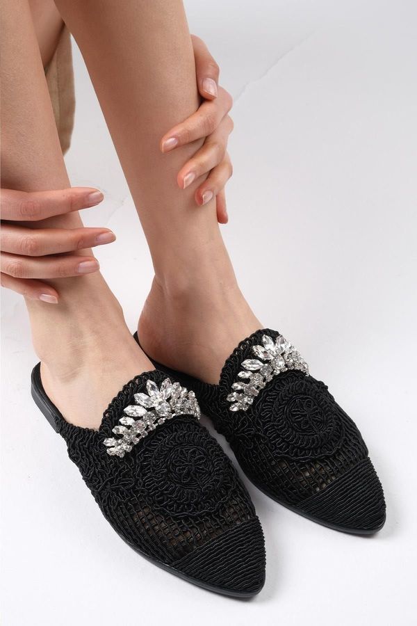 Mio Gusto Mio Gusto Lisette Black Color Stone Buckle Women's Handmade Knitted Flat Slippers