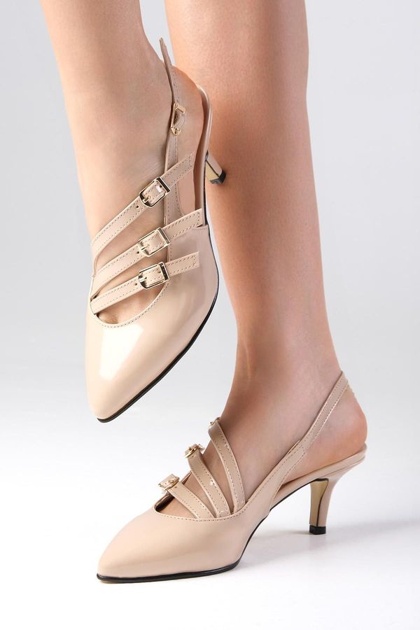 Mio Gusto Mio Gusto Naomi Nude Patent Leather Open Back Band Detail Short Heel Women's Shoes