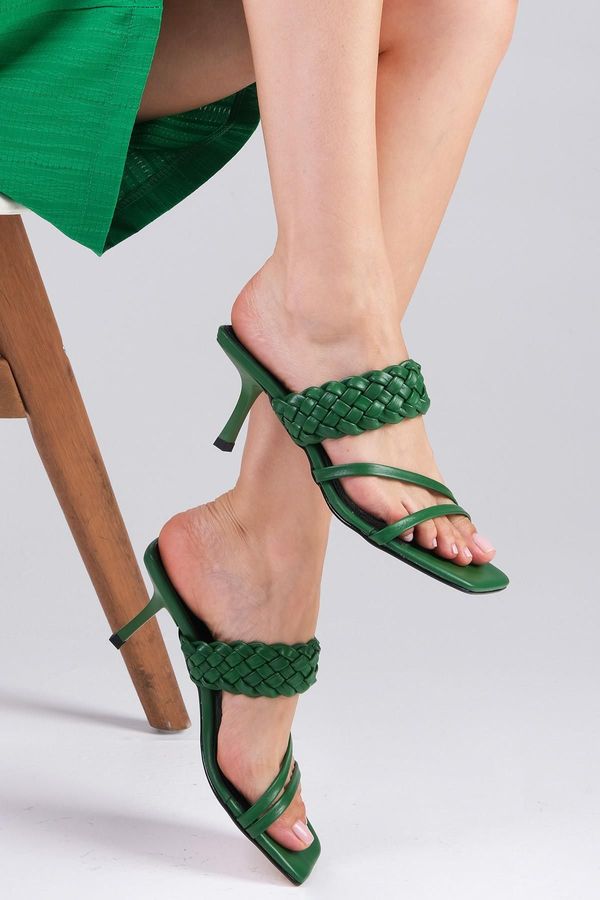 Mio Gusto Mio Gusto Petra Women's Slippers From Genuine Leather Green Color Heeled Shoes.