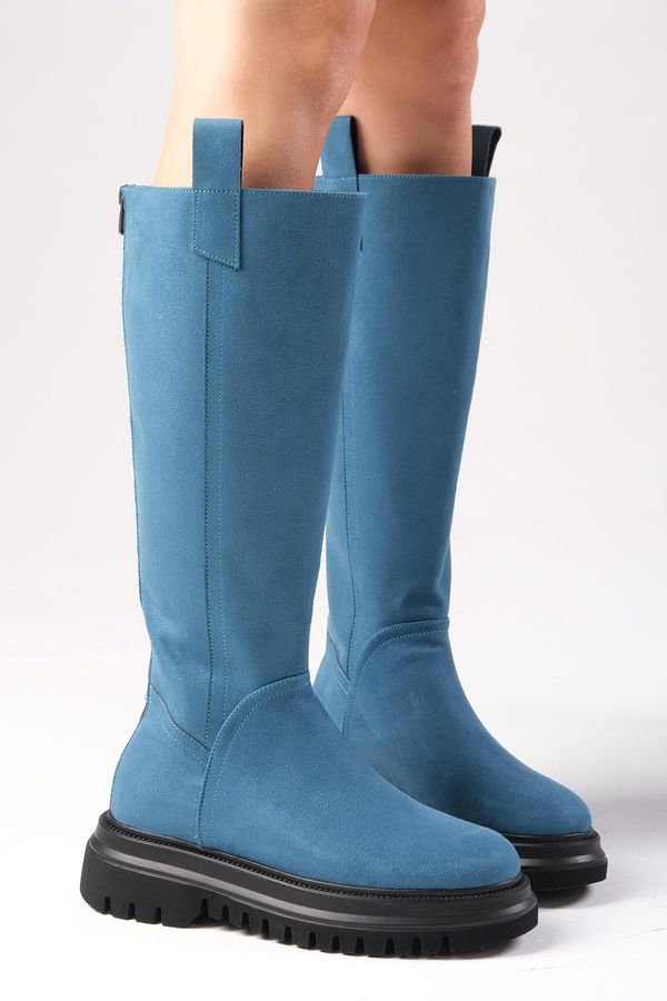 Mio Gusto Mio Gusto Petrol Blue Color Suede Fur Lined Women's Boots with Back Zipper