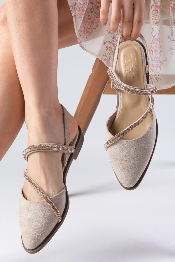 Mio Gusto Mio Gusto Poppy Women's Flat Shoes From Genuine Suede Beige with Stones Flat Shoes.