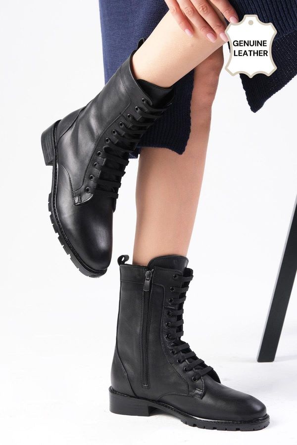 Mio Gusto Mio Gusto Solana Genuine Leather Black Color Women's Combat Boots