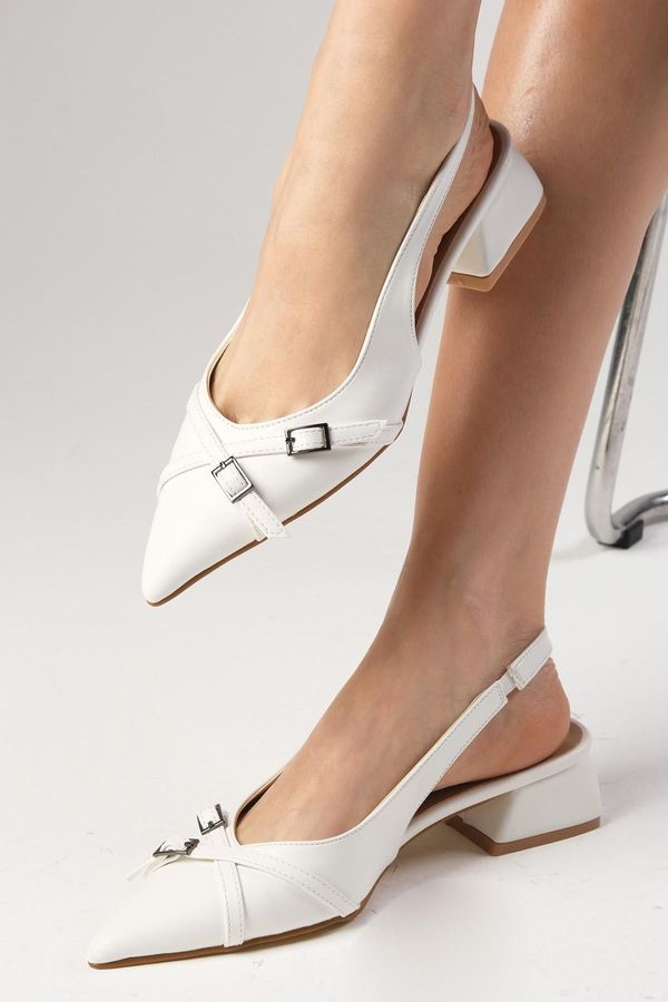 Mio Gusto Mio Gusto White Color Open Back Pointed Toe Short Heeled Women's Shoes