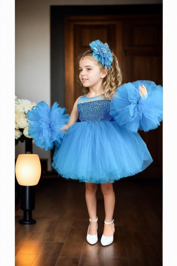 dewberry N4732 Dewberry Chiffon Sequined Girls Evening Dress-BLUE