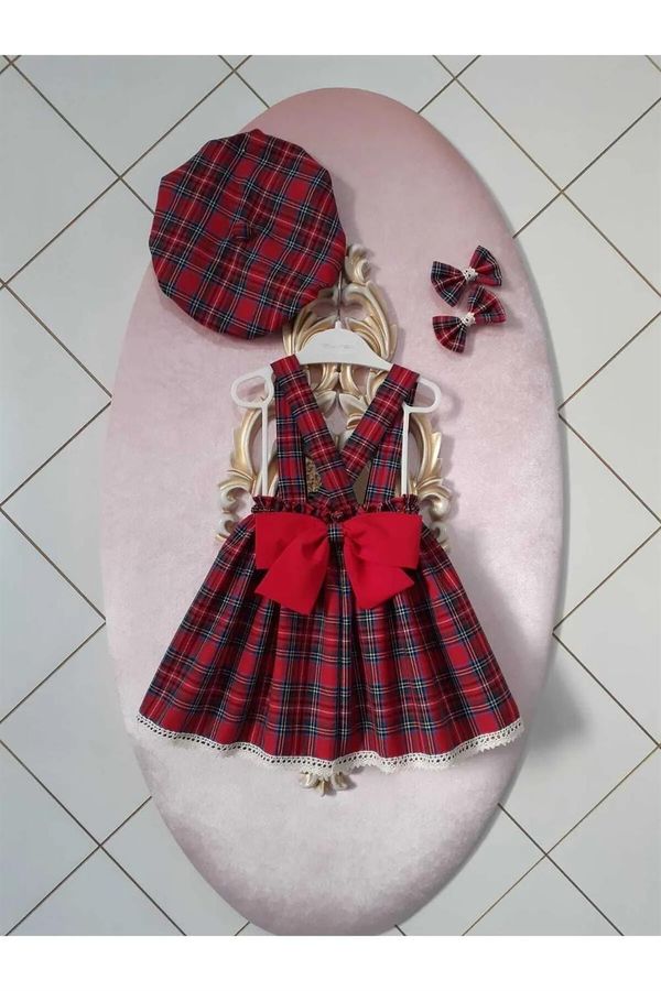 dewberry N7995 Dewberry Baby Plaid Salopette Dress & Hat & Buckle Set-RED