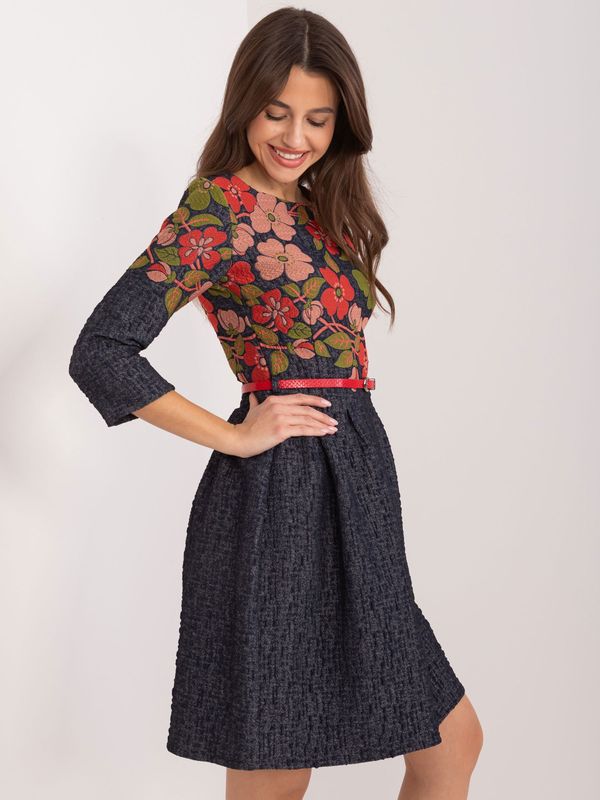 Fashionhunters Navy blue and red cocktail dress with embroidery