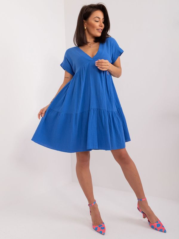 Fashionhunters Navy blue cotton dress with a V-neck