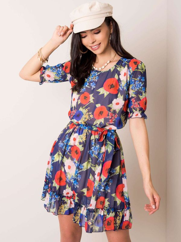 Fashionhunters Navy blue dress with a floral pattern