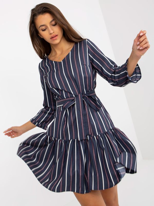 Fashionhunters Navy Blue Flared Cocktail Dress with Stripes