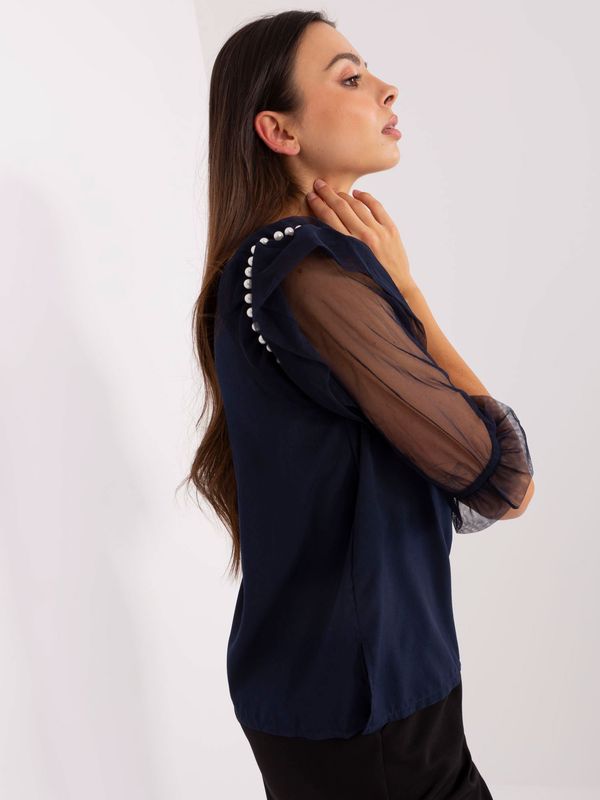 Fashionhunters Navy blue formal blouse with mesh sleeves