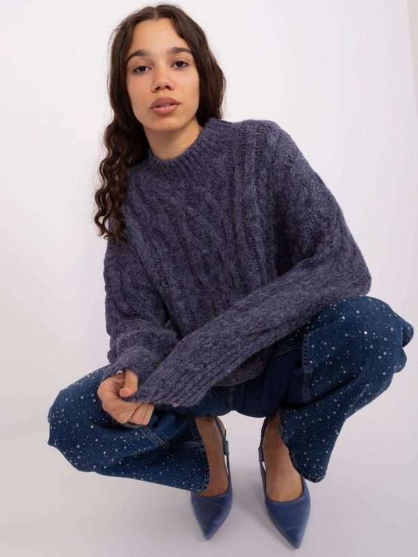 Fashionhunters Navy blue knitted sweater with cables