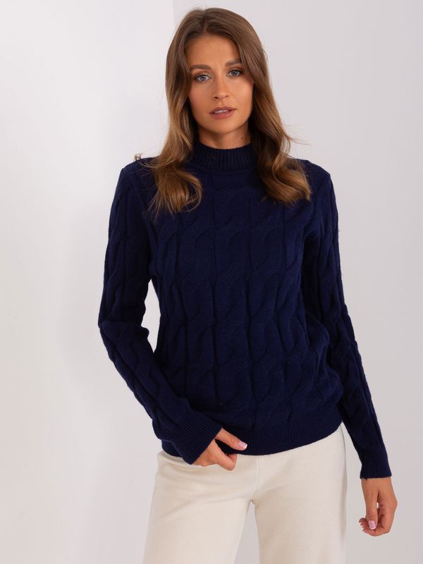 Fashionhunters Navy blue sweater with cables and turtleneck