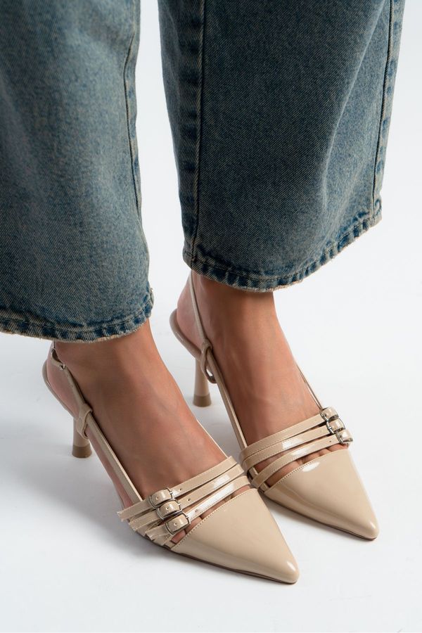 NİŞANTAŞI SHOES NİŞANTAŞI SHOES Andrina Beige Patent Leather Belt Detail Ankle-Tied Women's High Heel Shoes