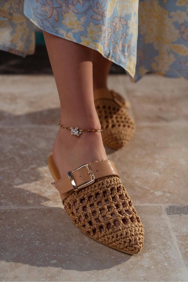 NİŞANTAŞI SHOES NİŞANTAŞI SHOES Best Taba Knitted Belt Detail Flat Sole Women's Slippers