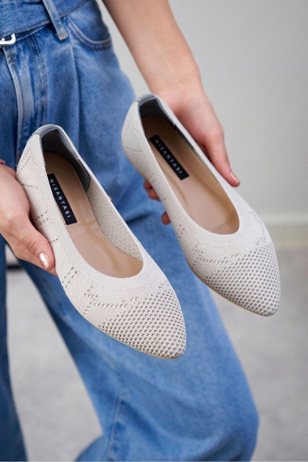 NİŞANTAŞI SHOES NİŞANTAŞI SHOES Betty Beige Knitwear Patterned Flat Sole Women's Ballerinas