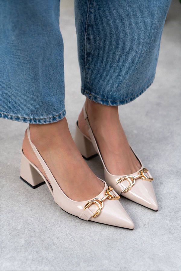 NİŞANTAŞI SHOES NİŞANTAŞI SHOES Daphne Beige Patent Leather Accessory Detailed Pointed Toe Women's High Heeled Shoe