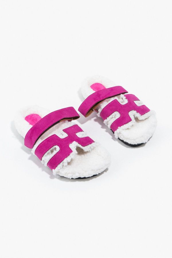 NİŞANTAŞI SHOES NİŞANTAŞI SHOES Pretty Fuchsia Women's Suede Pile Flat Sole Slippers.