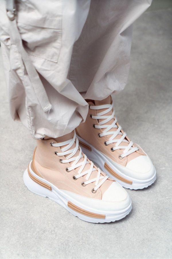 NİŞANTAŞI SHOES NİŞANTAŞI SHOES Rosetta Beige Linen Ankle High Thick Sole Women's Lace-up Sneakers