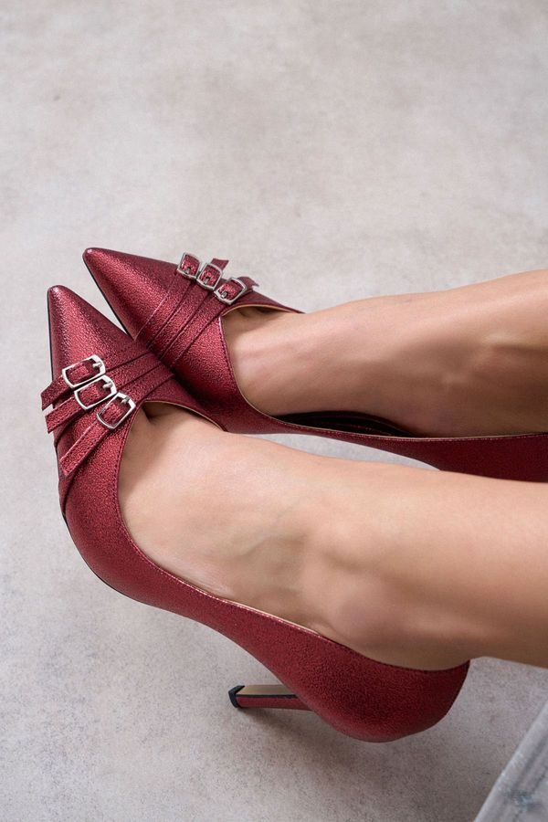 NİŞANTAŞI SHOES NİŞANTAŞI SHOES Smarty Burgundy Patterned Belt Detail Women's Thin Heeled Shoes