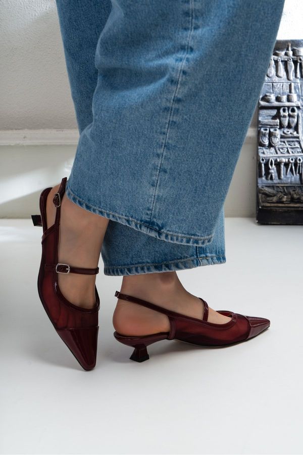 NİŞANTAŞI SHOES NİŞANTAŞI SHOES Tamsen Burgundy Patent Leather Belt Detail Ankle Tied Women's High Heeled Shoes