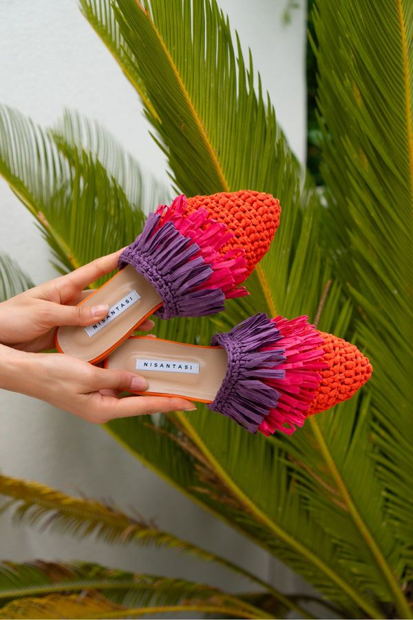 NİŞANTAŞI SHOES NİŞANTAŞI SHOES Viana Orange Knitted Purple Fuchsia Women's Slippers with Tassel Detail.