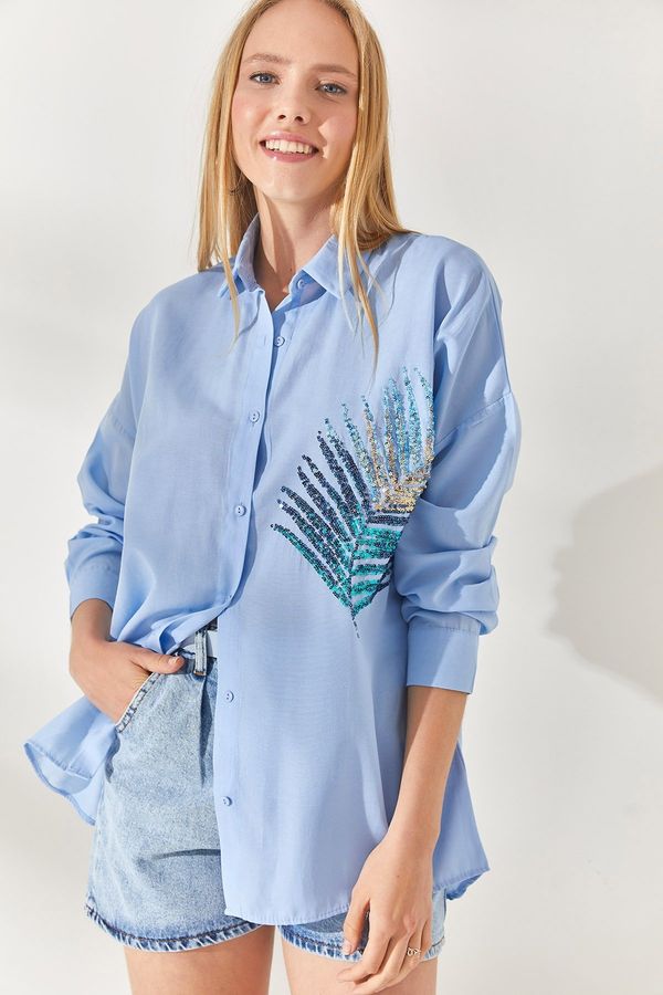 Olalook Olalook Baby Blue Palm Sequin Detailed Oversize Woven Poplin Shirt