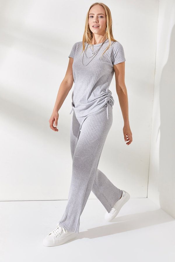 Olalook Olalook Women Gray Gathered Blouse Palazzo Trousers Suit