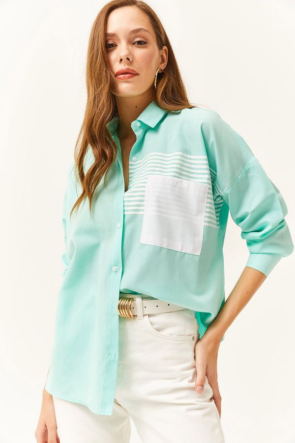 Olalook Olalook Women's Aqua Green Pocket Detailed Oversize Woven Shirt