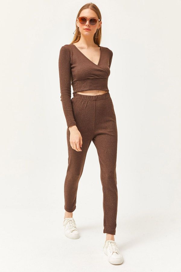 Olalook Olalook Women's Bitter Brown Bottom Tights Top Double Breasted Blouse Hooded Suit