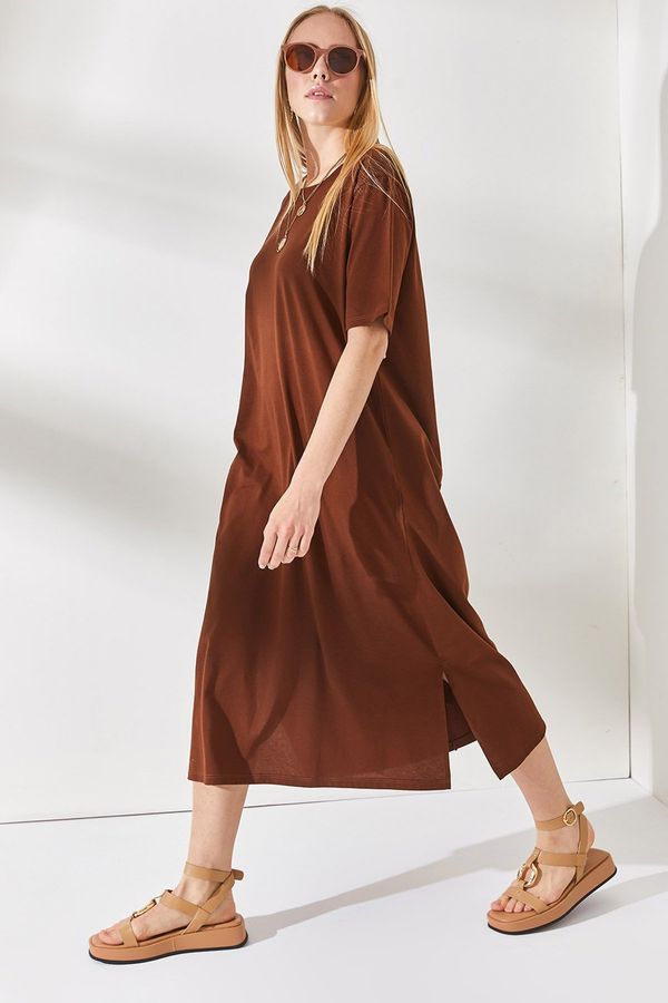 Olalook Olalook Women's Bitter Brown Side Slit Oversize Dress