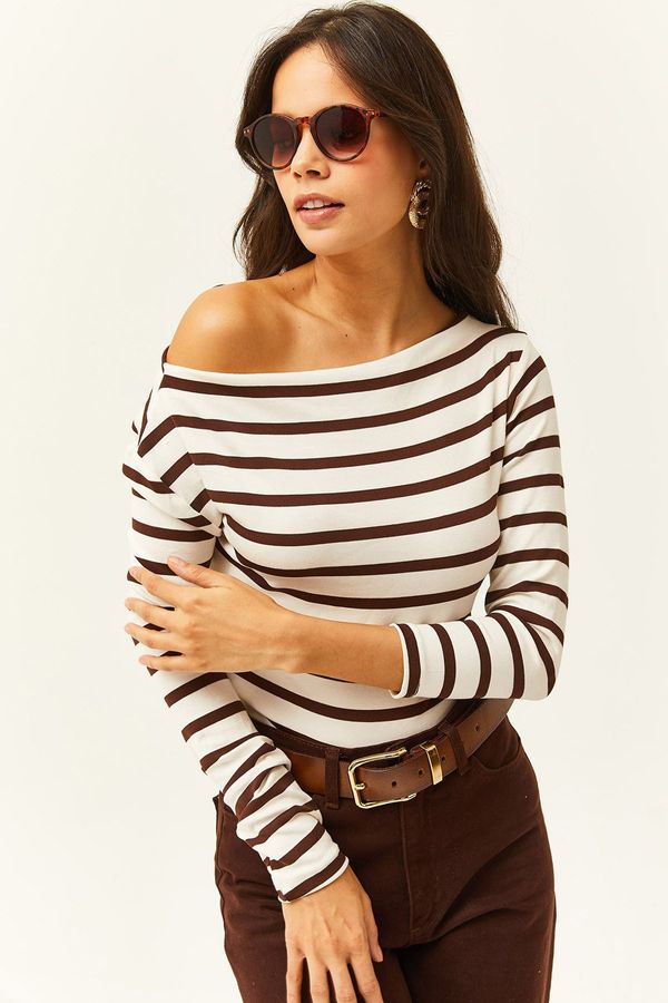 Olalook Olalook Women's Bitter Brown Striped Premium Soft Touch Boat Neck Flexible Blouse