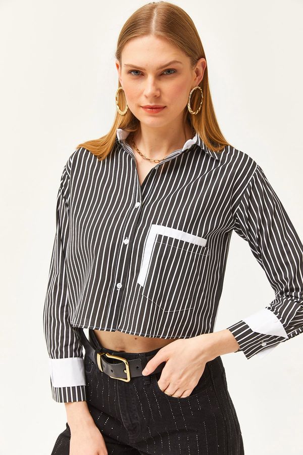 Olalook Olalook Women's Black and White Pocket and Cuff Detail Striped Crop Shirt