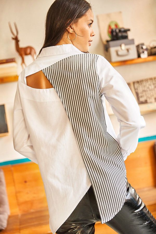 Olalook Olalook Women's Black and White Sambre Oversize Shirt with Cut Out Detail on the Back