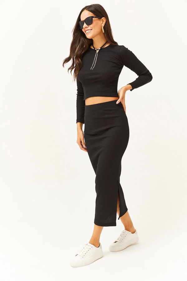 Olalook Olalook Women's Black Crew Neck Blouse Slit Skirt Lycra Suit