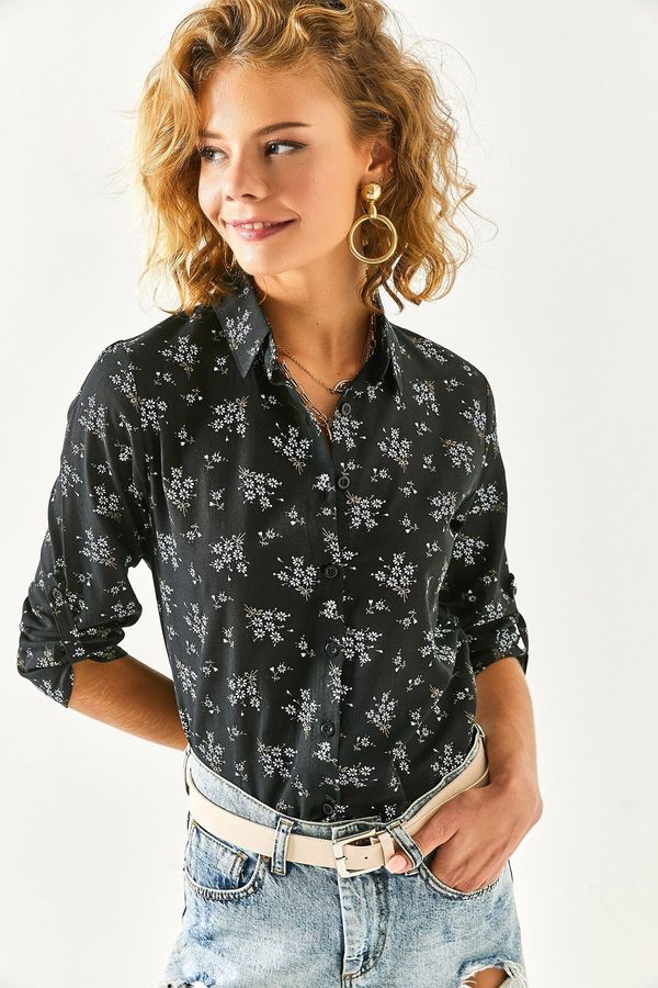 Olalook Olalook Women's Black Floral Sleeve Fold Linen Shirt