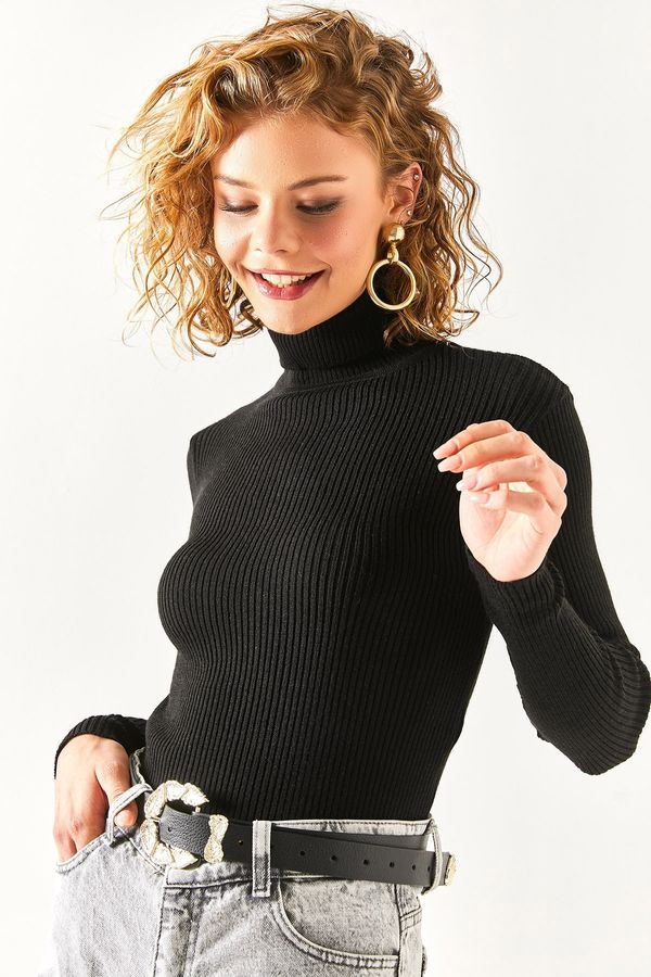 Olalook Olalook Women's Black Full Turtleneck Ribbed Lycra Knitwear Sweater