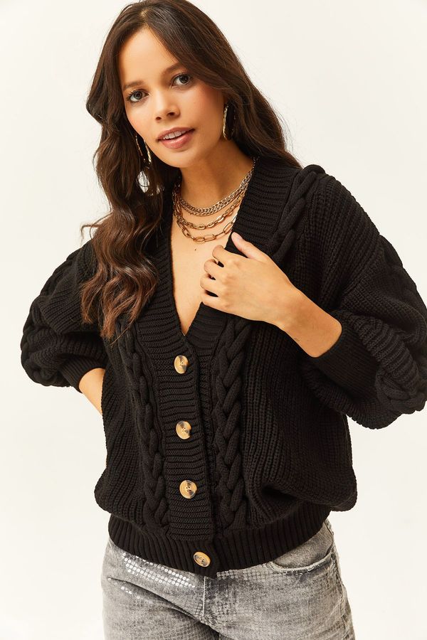 Olalook Olalook Women's Black Knitted Detailed Buttoned Knitwear Cardigan