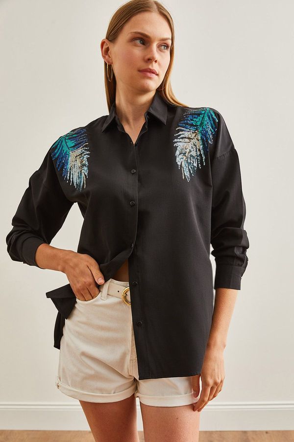 Olalook Olalook Women's Black Leaf Sequin Detailed Woven Shirt