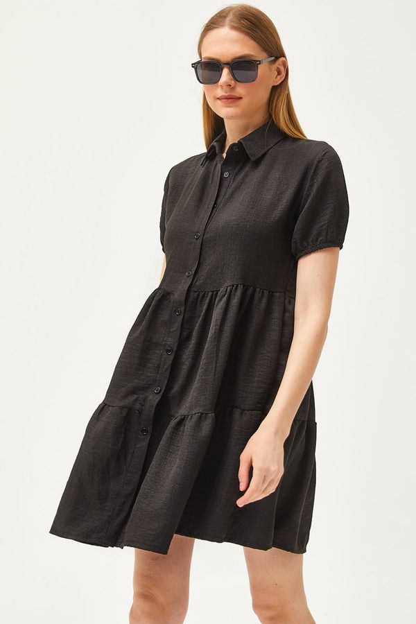 Olalook Olalook Women's Black Pieced Linen Content Shirt Dress
