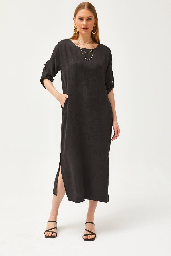 Olalook Olalook Women's Black Pocket Slit Linen Content Loose Dress